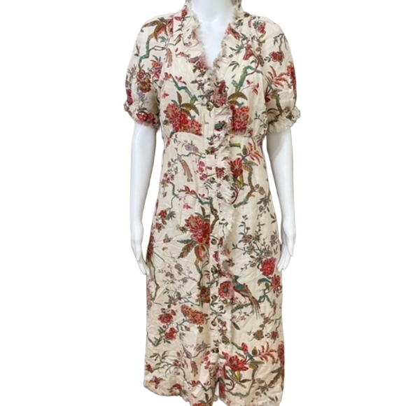 Anthropologie Pilcro Floral Button down Ruffle Linen Shirt Dress Size 8
